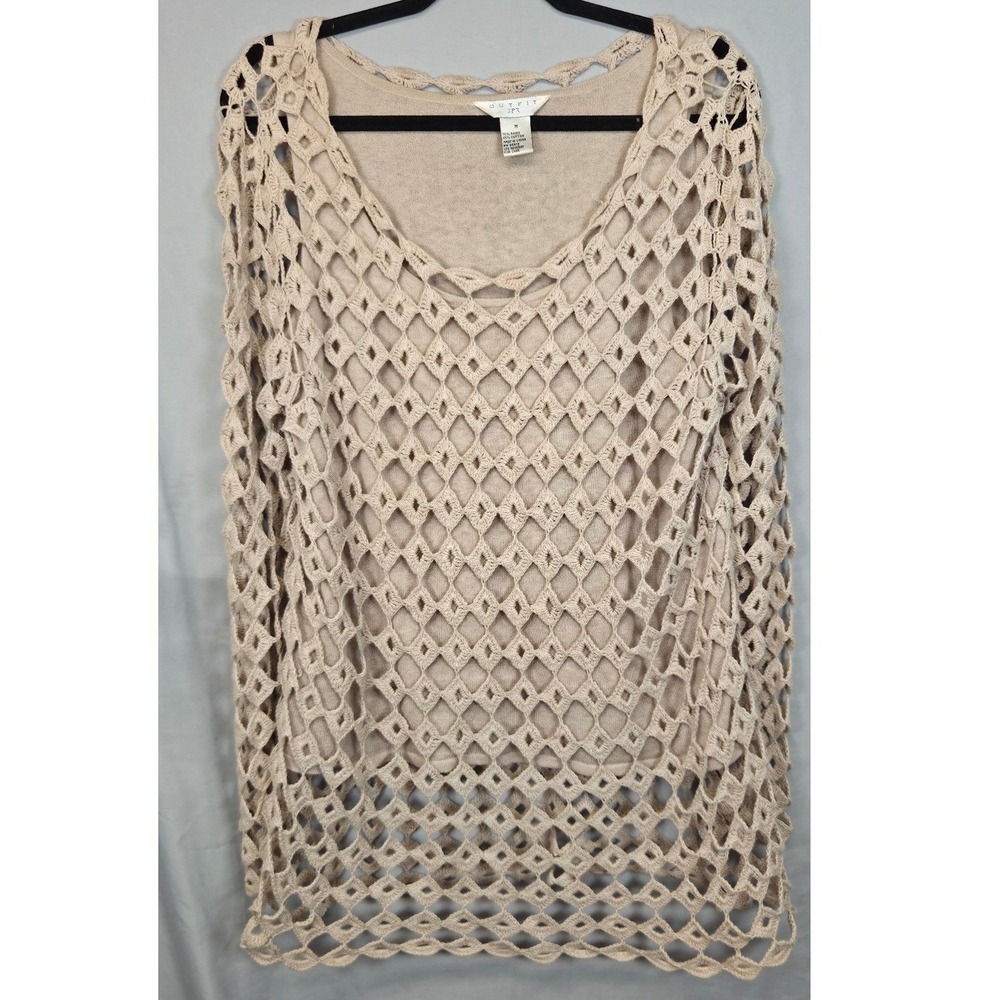 Outfit JPR Beige Crochet Knit Ramie Cotton Overlay Women's M Boho Sleeveless Y2K